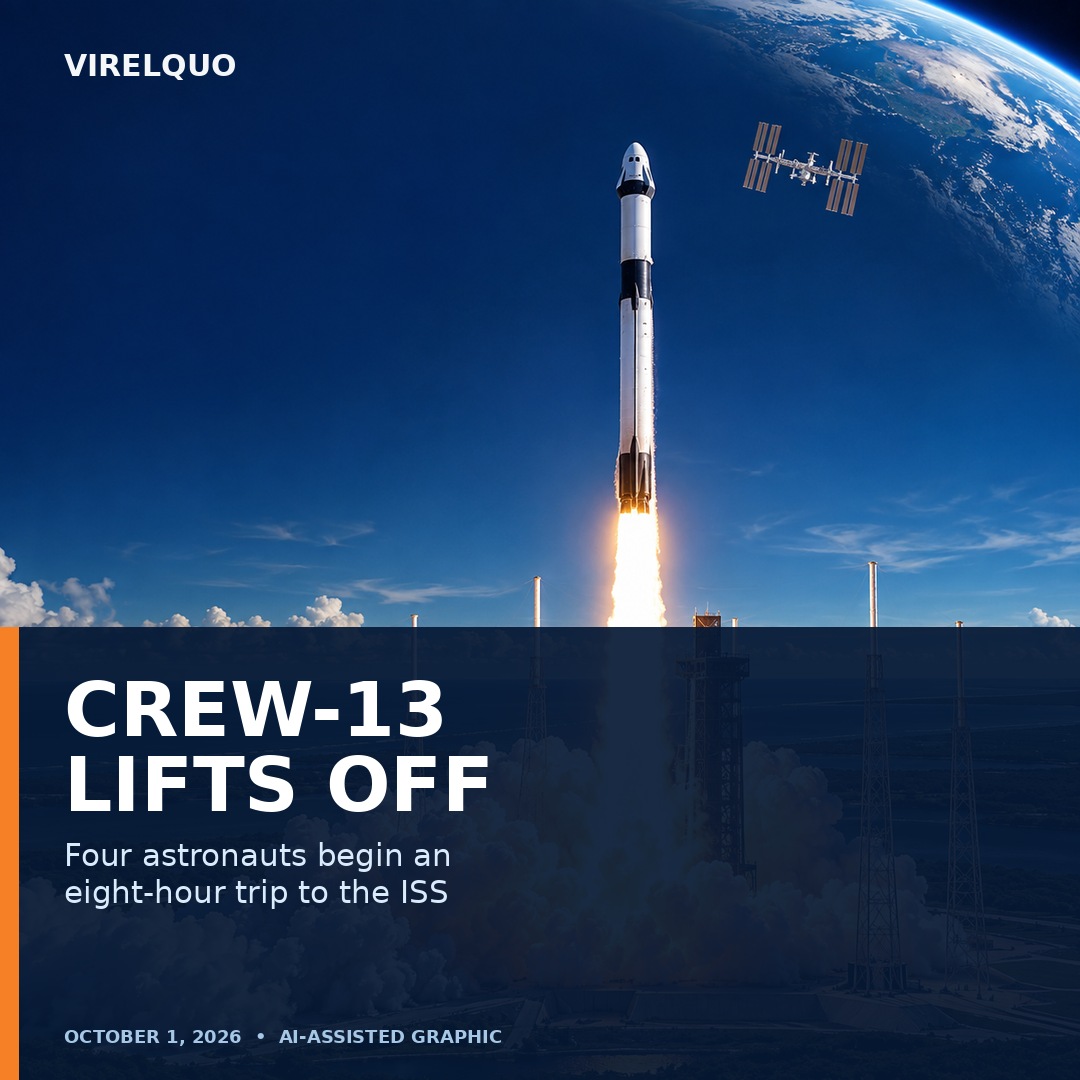 AI-assisted editorial illustration of a crewed rocket launch toward low Earth orbit